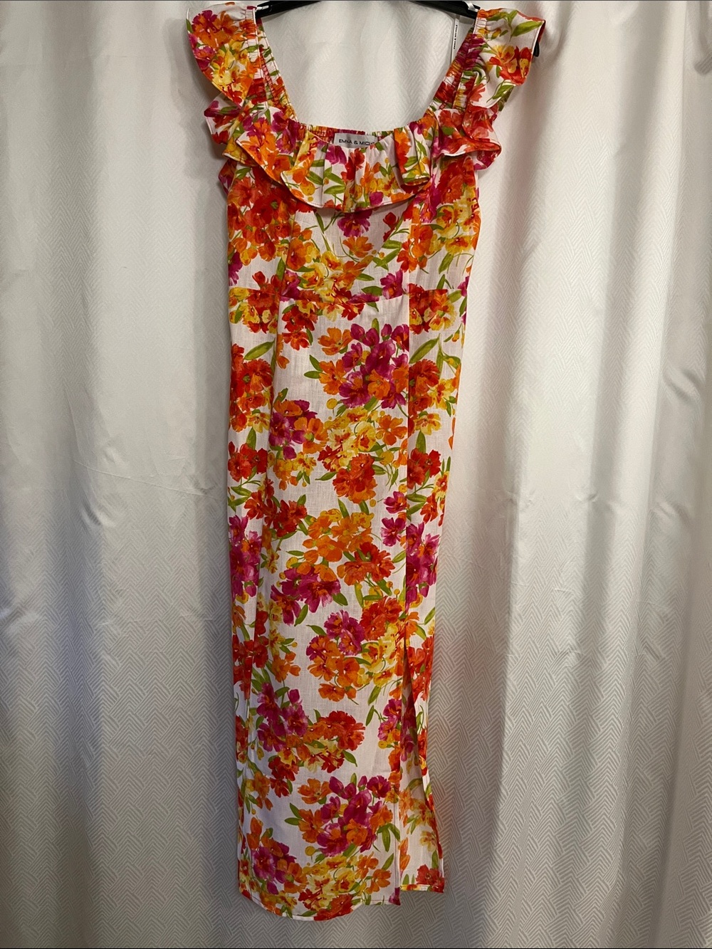 Emma & Michele Floral Ruffle Maxi Dress in Orange, Pink & White